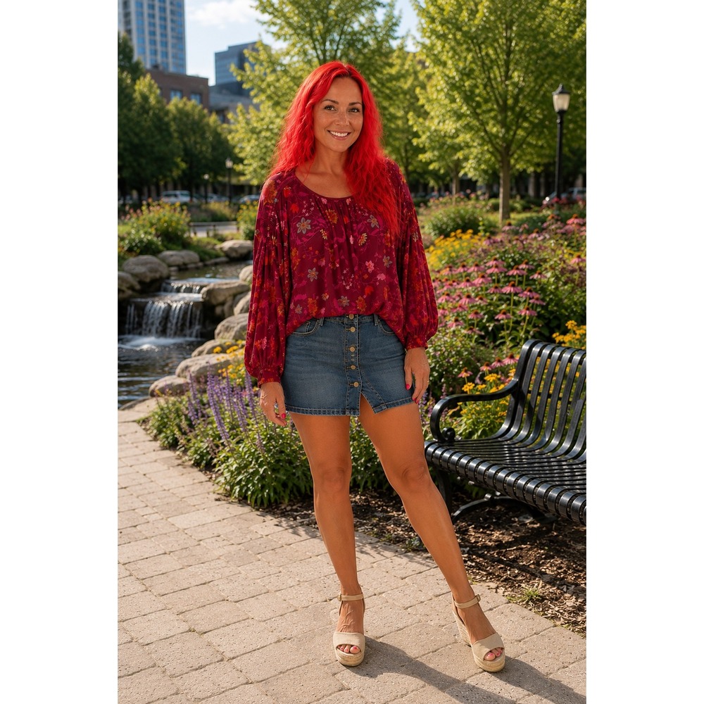 Free People Floral Mesh Balloon Sleeve Boho Blouse Top Burgundy Berry Size P/S